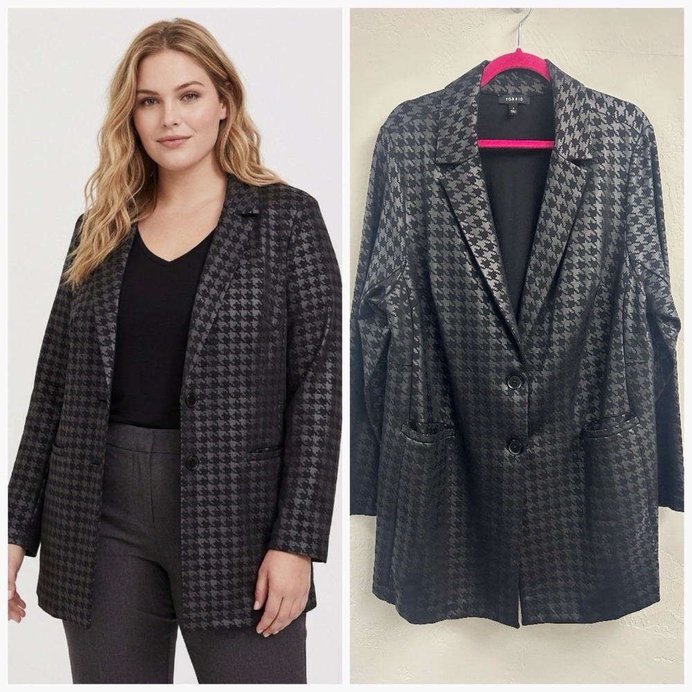 Torrid Black Houndstooth 2X Long Blazer Jacket Plus Size Goth Punk Pockets Shiny